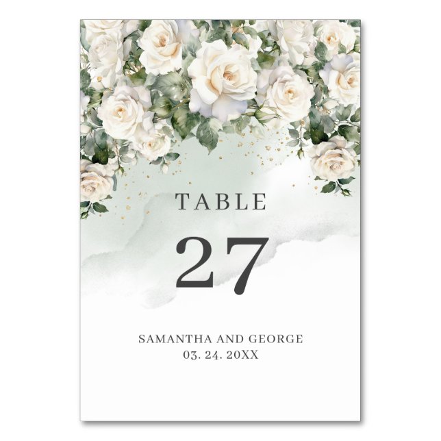 Boho White Roses Floral Garden greenery and gold Table Number (Front)