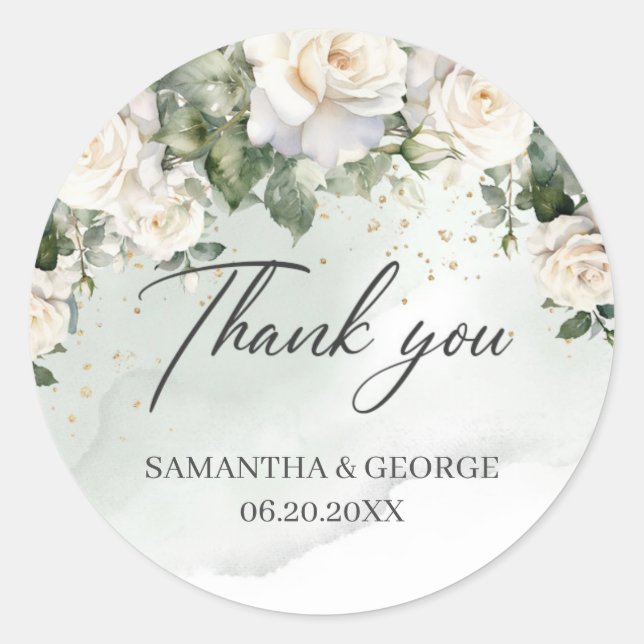 Boho White Roses Floral Garden greenery  Classic Round Sticker (Front)