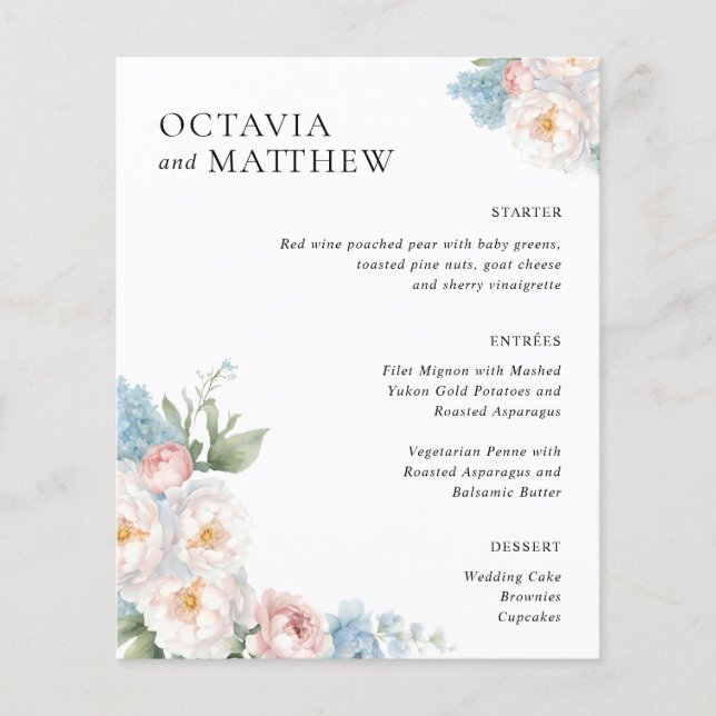BOHO WHITE ROSES FLOWERS WEDDING DINNER MENU (Front)