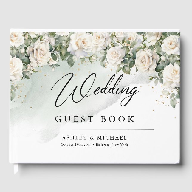 Boho White Roses Greenery and Gold wedding Guest Book (Front)