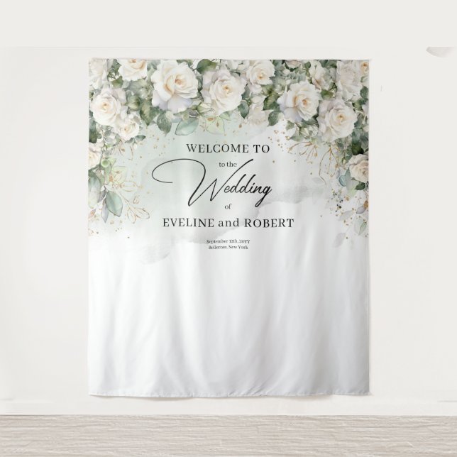 Boho White Roses Greenery and Gold wedding Tapestry (Front)