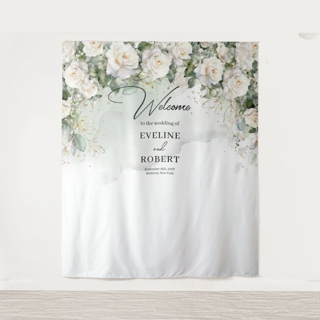 Boho White Roses Greenery and Gold wedding Tapestry (Front)