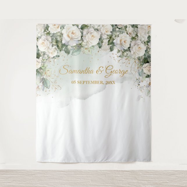 Boho White Roses Greenery and Gold wedding Tapestry (Front)