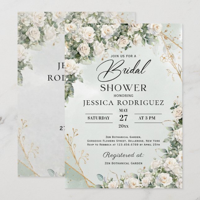 Boho White Roses Greenery Bridal Shower Invitation (Front/Back)