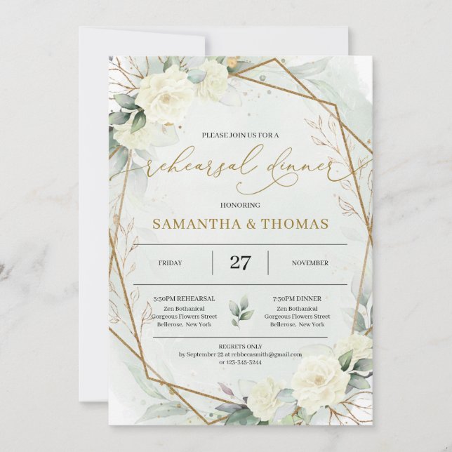 Boho White Roses Greenery Foliage Gold Rehearsal Invitation (Front)