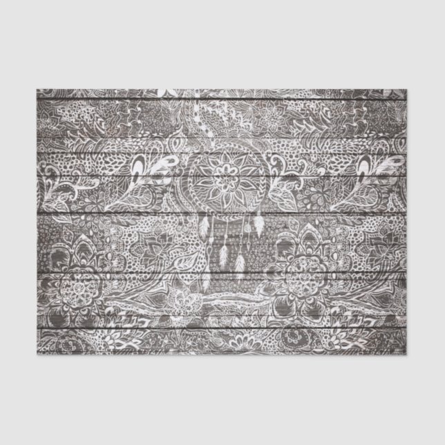 Boho white rustic dreamcatcher floral doodles wood tissue paper (Front)