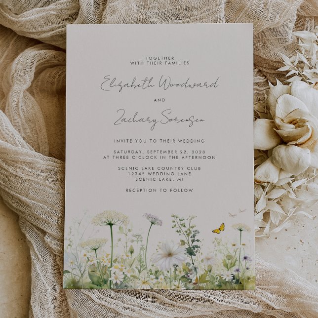 Boho White Wildflowers Watercolor Floral Wedding Invitation (Creator Uploaded)