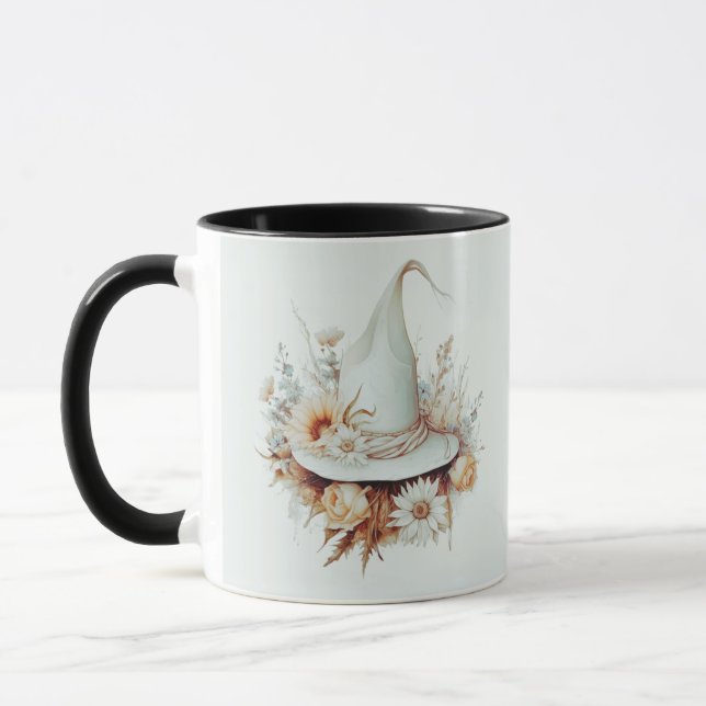 Boho White Witches Hat and Flowers Green Halloween Mug (Left)