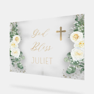 Boho WhiteRose Floral Eucalyptus Baptism God Bless Acrylic Sign