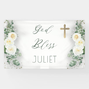 Boho WhiteRose Floral Eucalyptus Baptism God Bless Banner