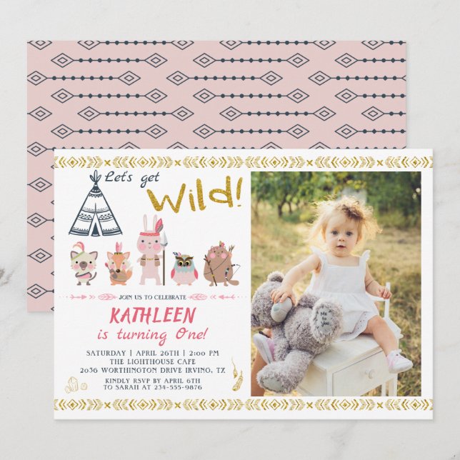Boho Wild Animals Pink Gold Girl Birthday Photo Invitation (Front/Back)