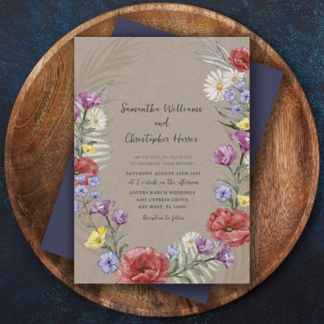 Boho Wild Flower Kraft & Purple Wedding  Invitation (Creator Uploaded)
