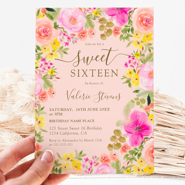 Boho wild flowers garden watercolor Sweet 16 Invitation (Boho wild flowers garden watercolor Sweet 16 Invitation on blush pink)