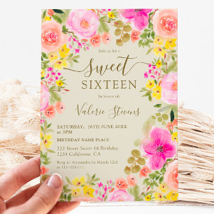 Boho wild flowers garden watercolor Sweet 16 Invitation