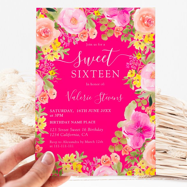 Boho wild flowers garden watercolor Sweet 16 pink Invitation (Boho wild flowers garden watercolor Sweet 16 Invitation)