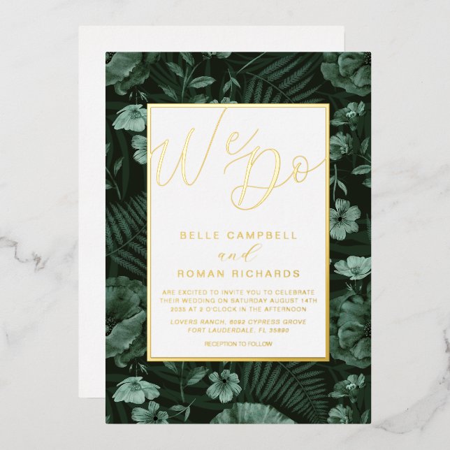 Boho Wild Flowers Green & Gold Script Wedding  (Front/Back)