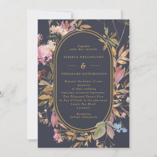 Boho Wild Flowers Mauve & Navy Gold Frame Wedding Invitation