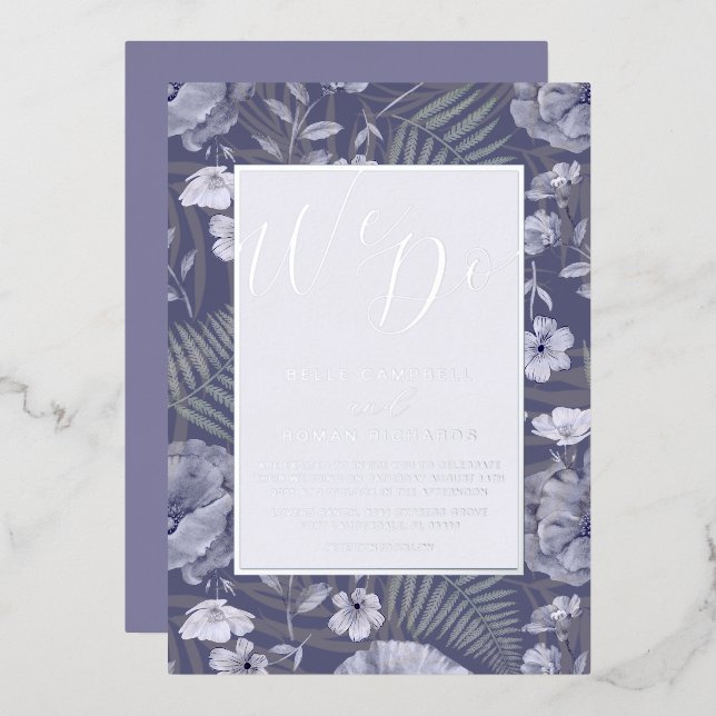 Boho Wild Flowers Purple & Silver Script Wedding  (Front/Back)
