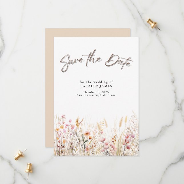 Boho Wild Flowers Save the Date Card | Minimalist (Front/Back In Situ)