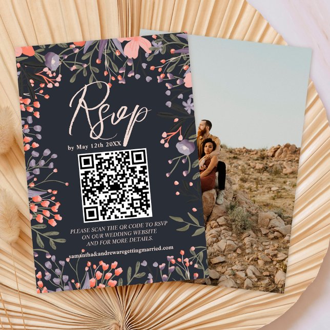 Boho wild flowers wedding photo QR RSVP Card (Creator Uploaded)