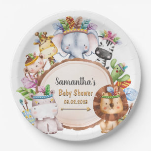 Boho Wild Giraffe Zebra Elephant Baby Shower Paper Paper Plate