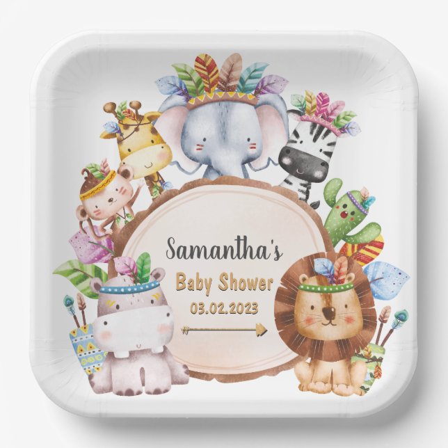 Boho Wild Giraffe Zebra Elephant Baby Shower Paper Plate (Front)