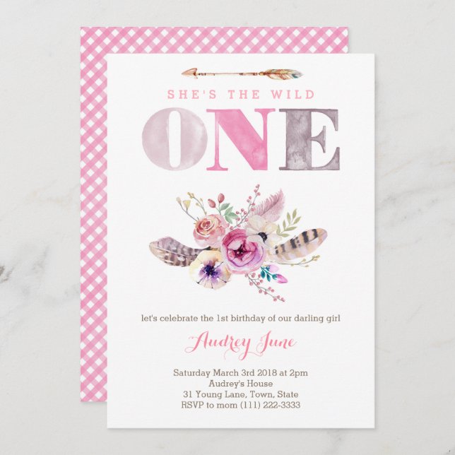 Boho Wild ONE First Birthday Invites for Girl (Front/Back)