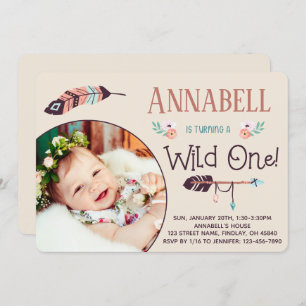 Boho Wild ONE Girly First Birthday Invitation