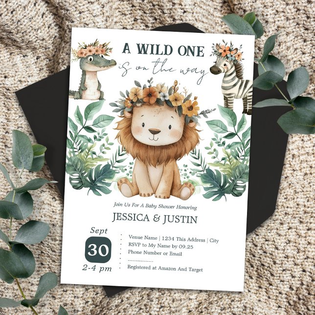 Boho Wild One Lion Floral Baby Shower Invitation (Creator Uploaded)