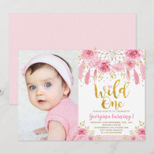 Boho Wild One Pink Rose Floral Dreamcatcher Invitation