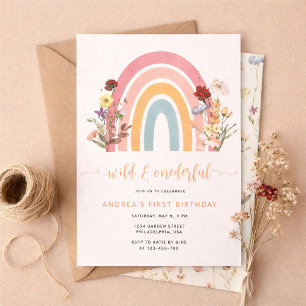 Boho Wild & Onederful Wildflower Rainbow Birthday Invitation