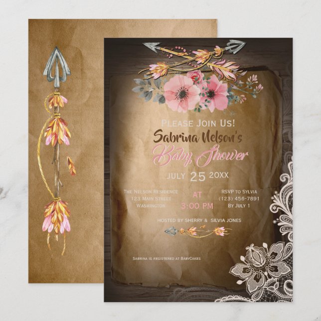 BOHO Wild Roses Girl Baby Shower Invitation (Front/Back)