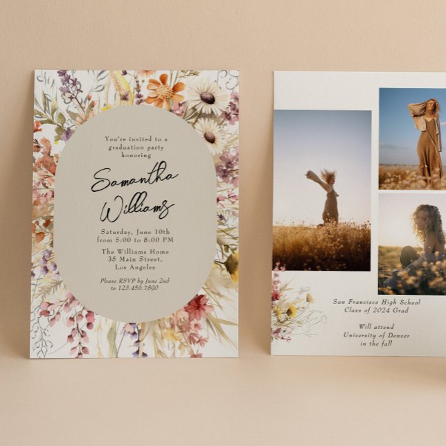 Boho Wildflower 3 Photo Graduation Party Invitation (Creator Uploaded)
