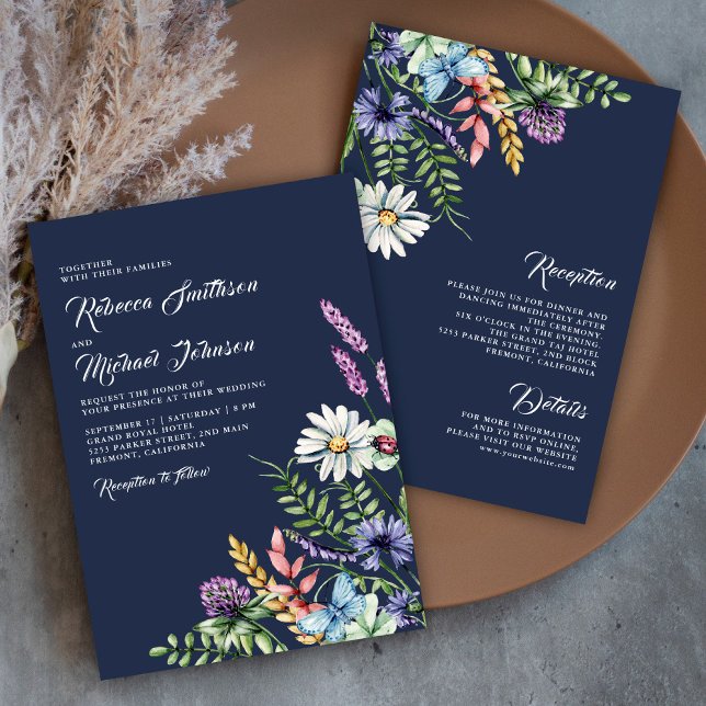 Boho Wildflower All in One Navy Blue Wedding Invitation (Creator Uploaded)
