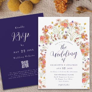 Boho Wildflower Arch Navy Blue White Wedding Invitation