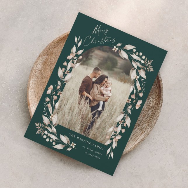 Boho Wildflower Arch Photo Christmas Holiday Card (Boho wildflower arch photo christmas holiday card with elegant modern script & hand painted foliage.)