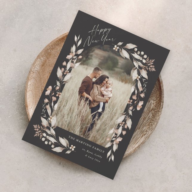 Boho Wildflower Arch Photo New Year Holiday Card (Boho wildflower arch photo new years card with modern happy new year script.)