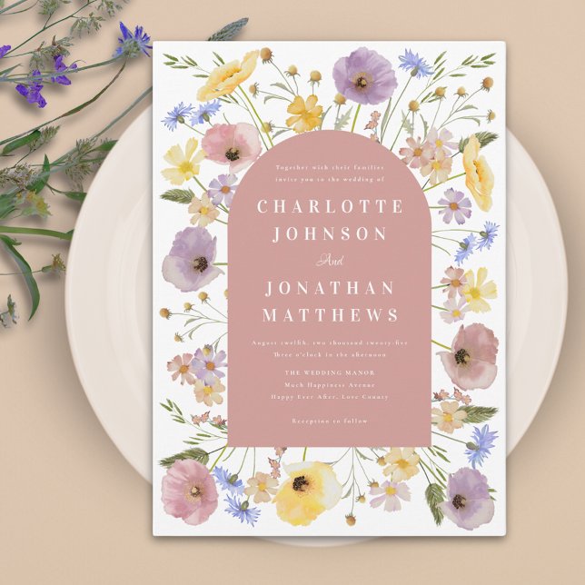 Boho Wildflower Arch Spring Wedding Invitation (Colorful wildflower boho pink arch wedding invitation )