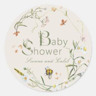 Boho Wildflower Bee Beige Baby Shower Classic Round Sticker