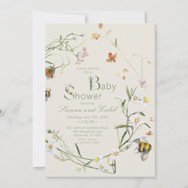 Boho Wildflower Bee Beige Baby Shower Invitation (Front)
