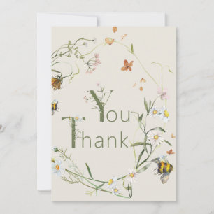 Boho Wildflower Bee Beige Baby Shower Thank You Card