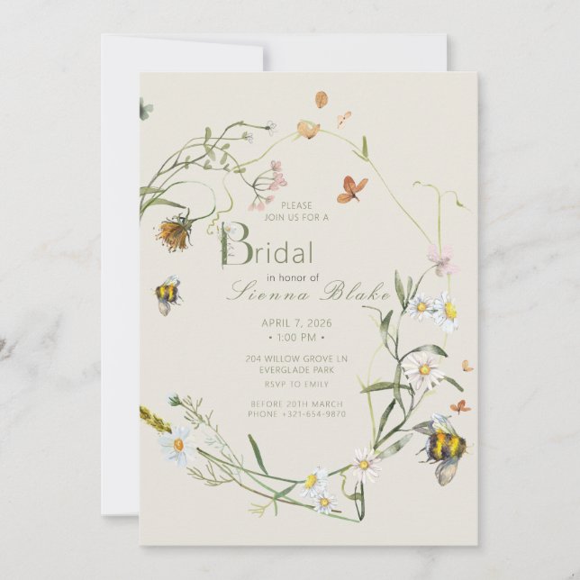 Boho Wildflower Bee Beige Bridal Shower Invitation (Front)