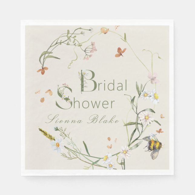 Boho Wildflower Bee Beige Bridal Shower Napkin (Front)