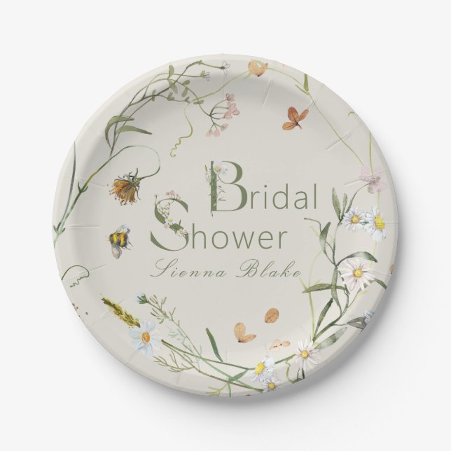 Boho Wildflower Bee Beige Bridal Shower Paper Plate (Front)
