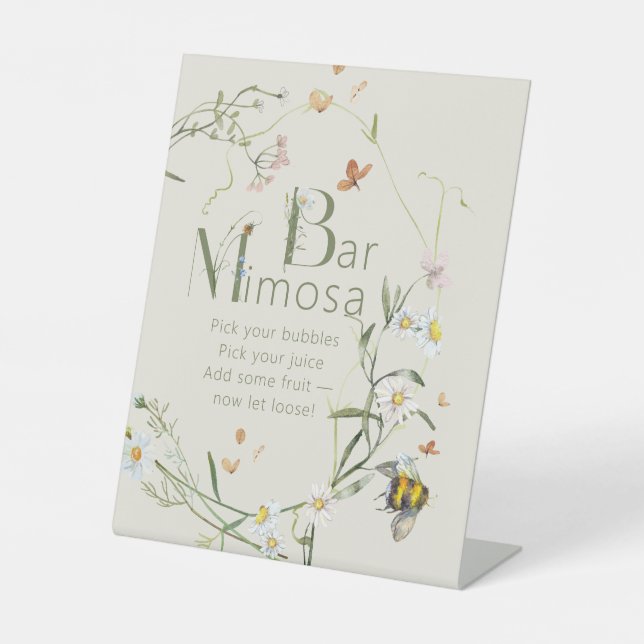 Boho Wildflower Bee Bridal Shower Mimosa Bar  Pedestal Sign (Front)
