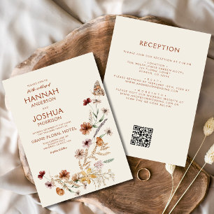 Boho Wildflower Beige All in One QR Code Wedding Invitation