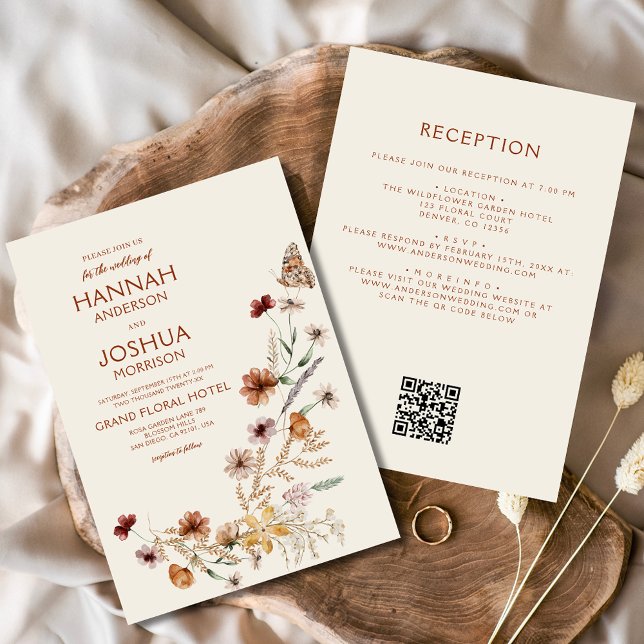 Boho Wildflower Beige All in One QR Code Wedding Invitation (Creator Uploaded)