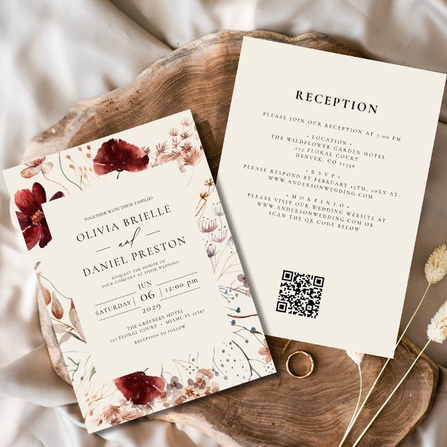 Boho Wildflower Beige All in One QR Code Wedding Invitation (Creator Uploaded)