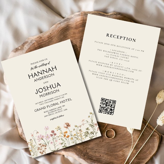 Boho Wildflower Beige All in One QR Code Wedding Invitation (Creator Uploaded)