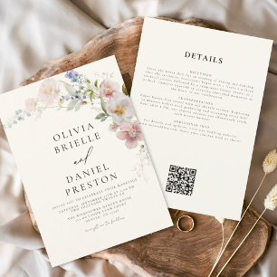 Boho Wildflower Beige All in One QR Code Wedding Invitation